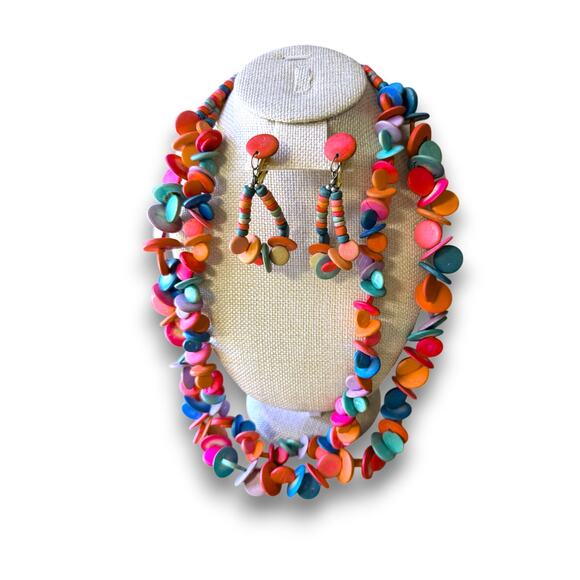 Vintage Jewelry - Vintage Double Strand Painted Wood Disc Necklace and Clip On Earring Set